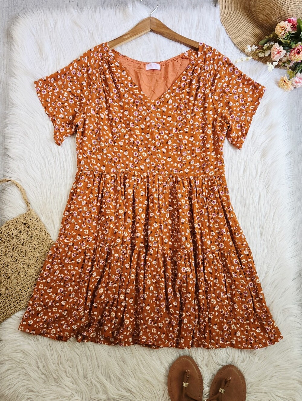Rust Orange Floral Tiered V-Neck Dress